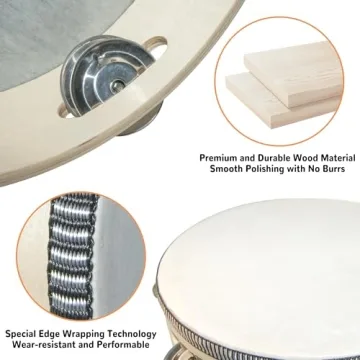 YAYUZEST Tambourine for Adults Hand Held Tambourine Drum, Wooden Tambourine Metal Jingles Percussion Single Row Hand Tambourines for Church KTV Party (4 Inch)