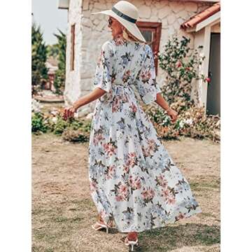 ANRABESS Women’s Summer Loose Boho Flowy Wrap V Neck 3/4 Sleeve Floral Print Slit Beach Wedding Guest Long Maxi Dresses White Flor Medium