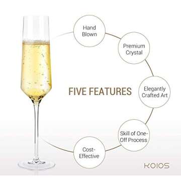 Hand Blown Crystal Champagne Flutes - Bella Vino Elegant Champagne Glasses Made from 100% Premium Crystal Glass, Perfect for Any Occasion,Great Gift, 10", 7 Oz, Set of 2, Clear