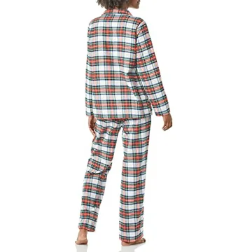 Amazon Essentials Women's Flannel Long-Sleeve Button Front Shirt and Pant Pajama Set, Red Tartan, Small