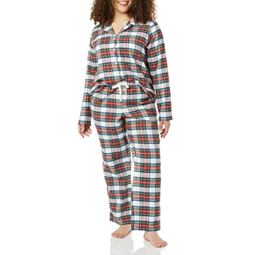 Amazon Essentials Women's Flannel Long-Sleeve Button Front Shirt and Pant Pajama Set, Red Tartan, Small