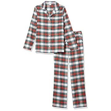 Amazon Essentials Women's Flannel Long-Sleeve Button Front Shirt and Pant Pajama Set, Red Tartan, Small