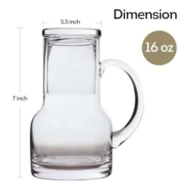 Lily's Home Bedside Night Water Carafe with Tumbler Glass and Handle, Use in Bedroom Bathroom, or Kitchen, Use Cup as Lid, 16 Ounces Modern