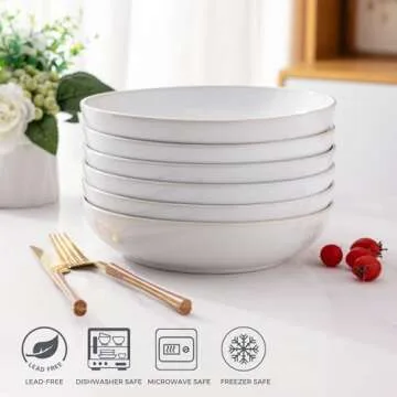 AmorArc 8.5'' Large Ceramic Pasta Bowls, 36oz Stoneware Pasta Serving Bowls Set of 6 for Kitchen, Wide Bowls for Pasta,Salad,Oatmeal, Microwave Safe, Reactive-Color