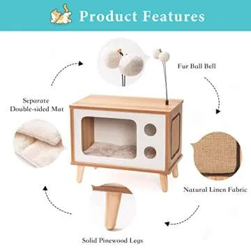 MewooFun Wooden Cat House Cat Bed for Indoor Cats TV-Shaped Cat Condo Sturdy Large Luxury Cat Cave with Cat Scratcher Bell Ball Toys