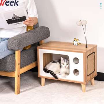 MewooFun Wooden Cat House Cat Bed for Indoor Cats TV-Shaped Cat Condo Sturdy Large Luxury Cat Cave with Cat Scratcher Bell Ball Toys
