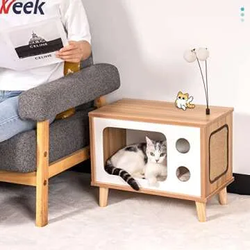 MewooFun Wooden Cat House Cat Bed for Indoor Cats TV-Shaped Cat Condo Sturdy Large Luxury Cat Cave with Cat Scratcher Bell Ball Toys