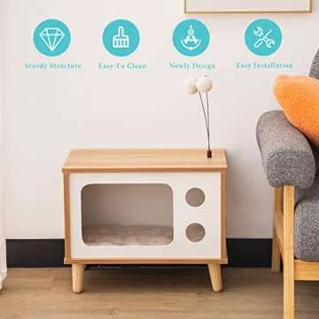 MewooFun Wooden Cat House Cat Bed for Indoor Cats TV-Shaped Cat Condo Sturdy Large Luxury Cat Cave with Cat Scratcher Bell Ball Toys