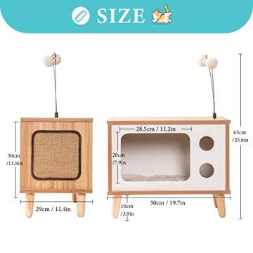 MewooFun Wooden Cat House Cat Bed for Indoor Cats TV-Shaped Cat Condo Sturdy Large Luxury Cat Cave with Cat Scratcher Bell Ball Toys