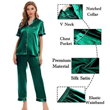 SWOMOG Womens Silk Satin Pajamas Sets 4pcs Sleepwear Sexy Cami Shorts Set and Button Down Short Sleeve Pjs Loungewear Persian Green Small