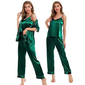 SWOMOG Womens Silk Satin Pajamas Sets 4pcs Sleepwear Sexy Cami Shorts Set and Button Down Short Sleeve Pjs Loungewear Persian Green Small