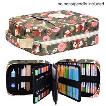 qianshan 202 Colored Pencils Pencil Case - 136 Color Gel Pens Pen Bag or Marker Organizer - Universal Artist Use Supply Zippered Large Capacity Slot Super Big Professional Storage Forest-Friends