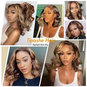 Tinashe 14Inch Wear and Go Glueless Bob Wig Human Hair Highlight Bob Wig Human Hair Honey Blonde 5x6 Body Wave Wigs for Beginners Glueless Short Bob Wig(14inch,P4/27 Loose Body Bob Wig)