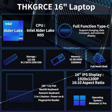 THKGRCE 16" FHD Laptop with N95 Processor and 16GB RAM