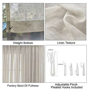 LANTIME Semi Sheer Curtains, Faux Linen Double Pleated Window Sheer Curtains Panels Drapery for Home, Hotel, Office, Camel, 100 W x 102 L Inch, Set of 2