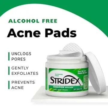 Stridex Medicated Acne Pads, Sensitive, 55 Count – Facial Cleansing Wipes, Alcohol Free Face Treatment, For Mild to Moderate, Smooth Application