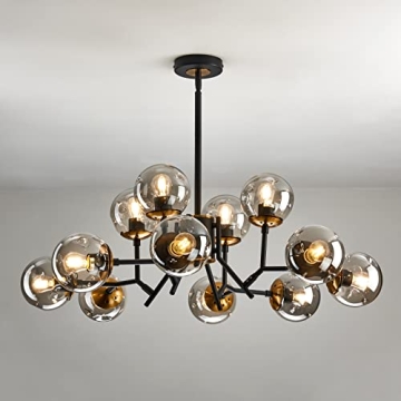 UOFUS 12-Light Glass Globe Sputnik Chandelier Mid-Century Modern Matte Black and Gold Ceiling Light ...