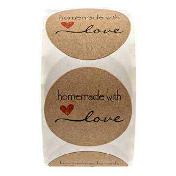 1.5" Round Natural Brown Kraft Homemade with Love Stickers / 500 Brown Kraft Labels Roll/Made in The...