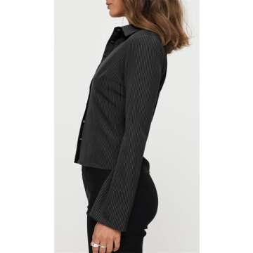 ECHOINE Women Button Down Shirts Long Sleeves Slim Fitted Casual Collared Blouses Work Striped Tops Black