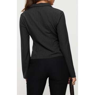 ECHOINE Women Button Down Shirts Long Sleeves Slim Fitted Casual Collared Blouses Work Striped Tops Black