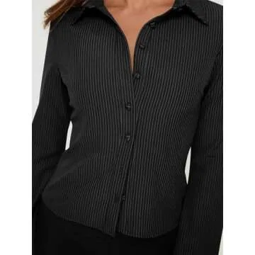 ECHOINE Women Button Down Shirts Long Sleeves Slim Fitted Casual Collared Blouses Work Striped Tops Black