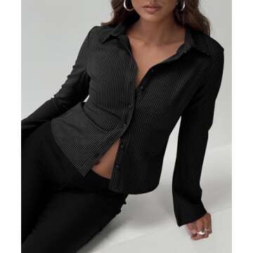 ECHOINE Women Button Down Shirts Long Sleeves Slim Fitted Casual Collared Blouses Work Striped Tops Black