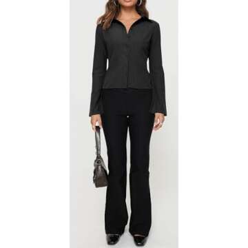 ECHOINE Women Button Down Shirts Long Sleeves Slim Fitted Casual Collared Blouses Work Striped Tops Black
