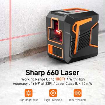 Laser Level 360 Self Leveling Red Line Laser Level Tool Wall Suction Stand Receiver 100ft Line Laser for Picture Hanging Outdoor Rechargeable Battery