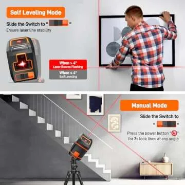 Laser Level 360 Self Leveling Red Line Laser Level Tool Wall Suction Stand Receiver 100ft Line Laser for Picture Hanging Outdoor Rechargeable Battery