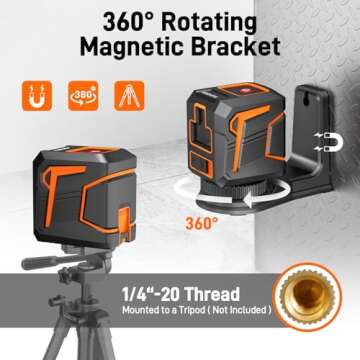 Laser Level 360 Self Leveling Red Line Laser Level Tool Wall Suction Stand Receiver 100ft Line Laser for Picture Hanging Outdoor Rechargeable Battery