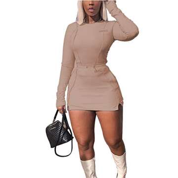 LuFeng Women's Sexy Fashion Reflective Striped long Sleeve 2 Piece Outfits Crop Top and Mini Bodycon Skirt Set (XL, Khaki)