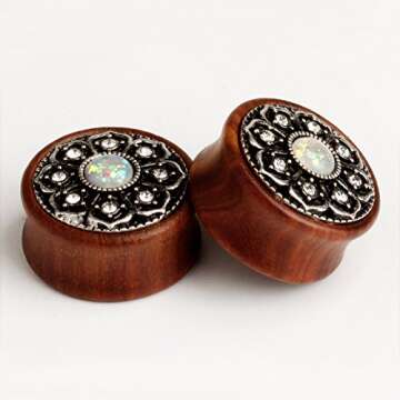 KUBOOZ(1 Pair Vintage Wood Opal Center Flower Ear Plugs Tunnels Gauges Stretcher Piercings (0g(8mm))