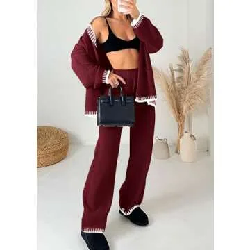 PRETTYGARDEN Women's 2 Piece Outfits Knit Matching Lounge Sets Long Sleeve V Neck Cardigan Sweaters Wide Leg Pants Tracksuits (Wine Red,Medium)