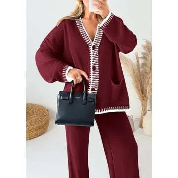 PRETTYGARDEN Women's 2 Piece Outfits Knit Matching Lounge Sets Long Sleeve V Neck Cardigan Sweaters Wide Leg Pants Tracksuits (Wine Red,Medium)