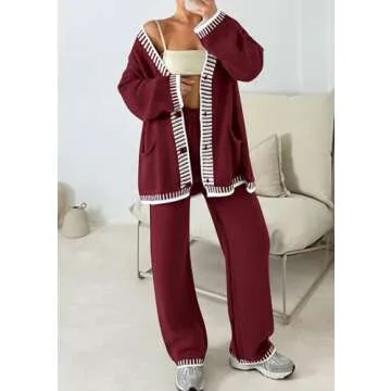 PRETTYGARDEN Women's 2 Piece Outfits Knit Matching Lounge Sets Long Sleeve V Neck Cardigan Sweaters Wide Leg Pants Tracksuits (Wine Red,Medium)