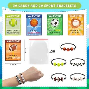 Sports Bracelet Valentine's Day Gifts for Kids - 30 Pack Adjustable Bracelets with Cards