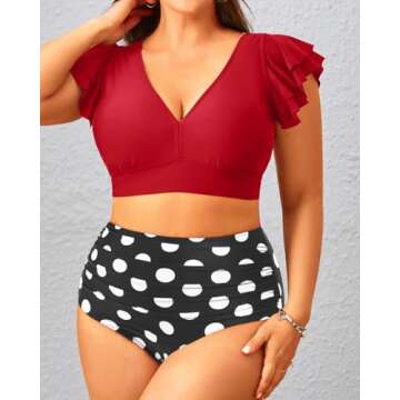 Plus Size Two Piece Bikini Swimsuits - High Waisted Tummy Control Women Bathing Suits with Ruffle Sleeve Swimwear Red Dot 20 Plus