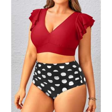 Plus Size Two Piece Bikini Swimsuits - High Waisted Tummy Control Women Bathing Suits with Ruffle Sleeve Swimwear Red Dot 20 Plus