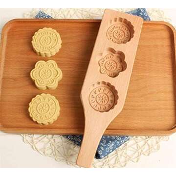 MoonCake Mold Chinese Traditional Mid-autumn Festival Moon Cake Mold 3 Flower Shape Wooden Handmade Baking Mold for Muffin Mooncake Cookie Biscuit Chocolate Pumpkin Pie