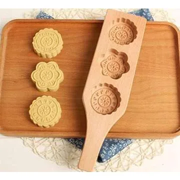 MoonCake Mold Chinese Traditional Mid-autumn Festival Moon Cake Mold 3 Flower Shape Wooden Handmade Baking Mold for Muffin Mooncake Cookie Biscuit Chocolate Pumpkin Pie