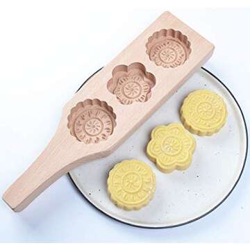 MoonCake Mold Chinese Traditional Mid-autumn Festival Moon Cake Mold 3 Flower Shape Wooden Handmade Baking Mold for Muffin Mooncake Cookie Biscuit Chocolate Pumpkin Pie
