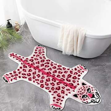 Leopard Print Rug, Pink Leopard Bath Mat for Bathroom Cartoon Cheetah Tiger Door Mat Non Slip Animals Printed Area Rug Absorbent Bathtub Rug Playroom Rug Bathroom Shower Rugs