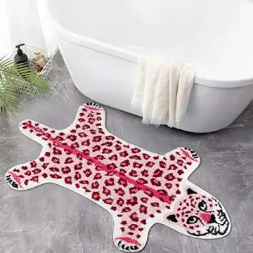 Leopard Print Rug, Pink Leopard Bath Mat for Bathroom Cartoon Cheetah Tiger Door Mat Non Slip Animals Printed Area Rug Absorbent Bathtub Rug Playroom Rug Bathroom Shower Rugs