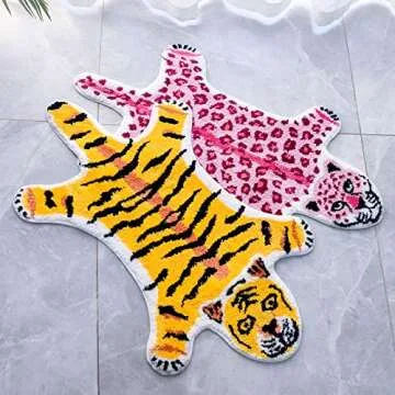 Leopard Print Rug, Pink Leopard Bath Mat for Bathroom Cartoon Cheetah Tiger Door Mat Non Slip Animals Printed Area Rug Absorbent Bathtub Rug Playroom Rug Bathroom Shower Rugs