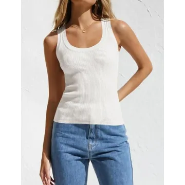 ZESICA Women's Sleeveless Tank Tops Summer Scoop Neck Ribbed Knit Slim Fitted Casual Basic Tee Shirts,White,Large