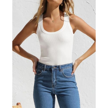 ZESICA Women's Sleeveless Tank Tops Summer Scoop Neck Ribbed Knit Slim Fitted Casual Basic Tee Shirts,White,Large