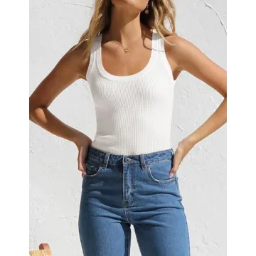 ZESICA Women's Sleeveless Tank Tops Summer Scoop Neck Ribbed Knit Slim Fitted Casual Basic Tee Shirts,White,Large