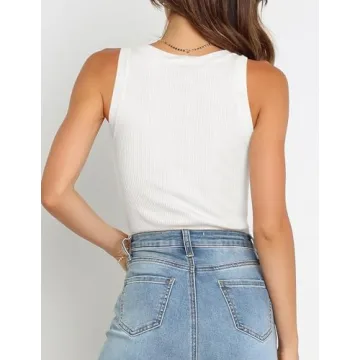 ZESICA Women's Sleeveless Tank Tops Summer Scoop Neck Ribbed Knit Slim Fitted Casual Basic Tee Shirts,White,Large