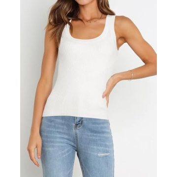 ZESICA Women's Sleeveless Tank Tops Summer Scoop Neck Ribbed Knit Slim Fitted Casual Basic Tee Shirts,White,Large
