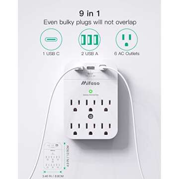 Outlet Extender - Wall Surge Protector with 6 Outlets 3 USB (1 USB C, 2 USB A), Multi Plug Outlet Splitter, Wall Mount Adapter with Top Phone Holder for Home, School, Office (490 Joules)